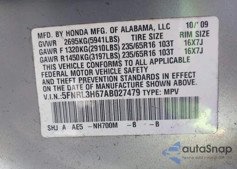 2010 Honda Odyssey Ex-L z USA, uszkodzony, nr VIN 5FNRL3H67AB027479